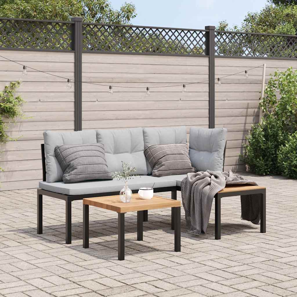 Set Panche Giardino Cuscini 3pz Nero Acciaio Verniciato Polvere - homemem39