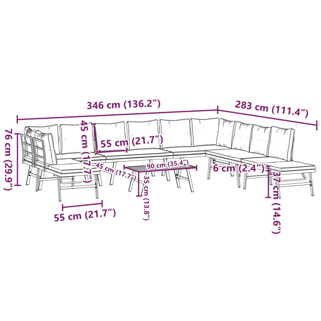 Set Panche Giardino Cuscini 6pz Nere Acciaio Verniciato Polvere