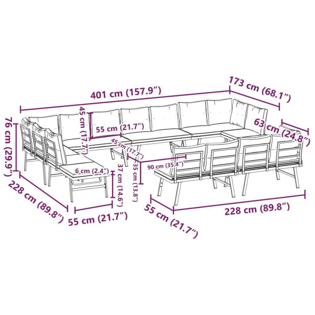 Set Panche Giardino Cuscini 8pz Nere Acciaio Verniciato Polvere