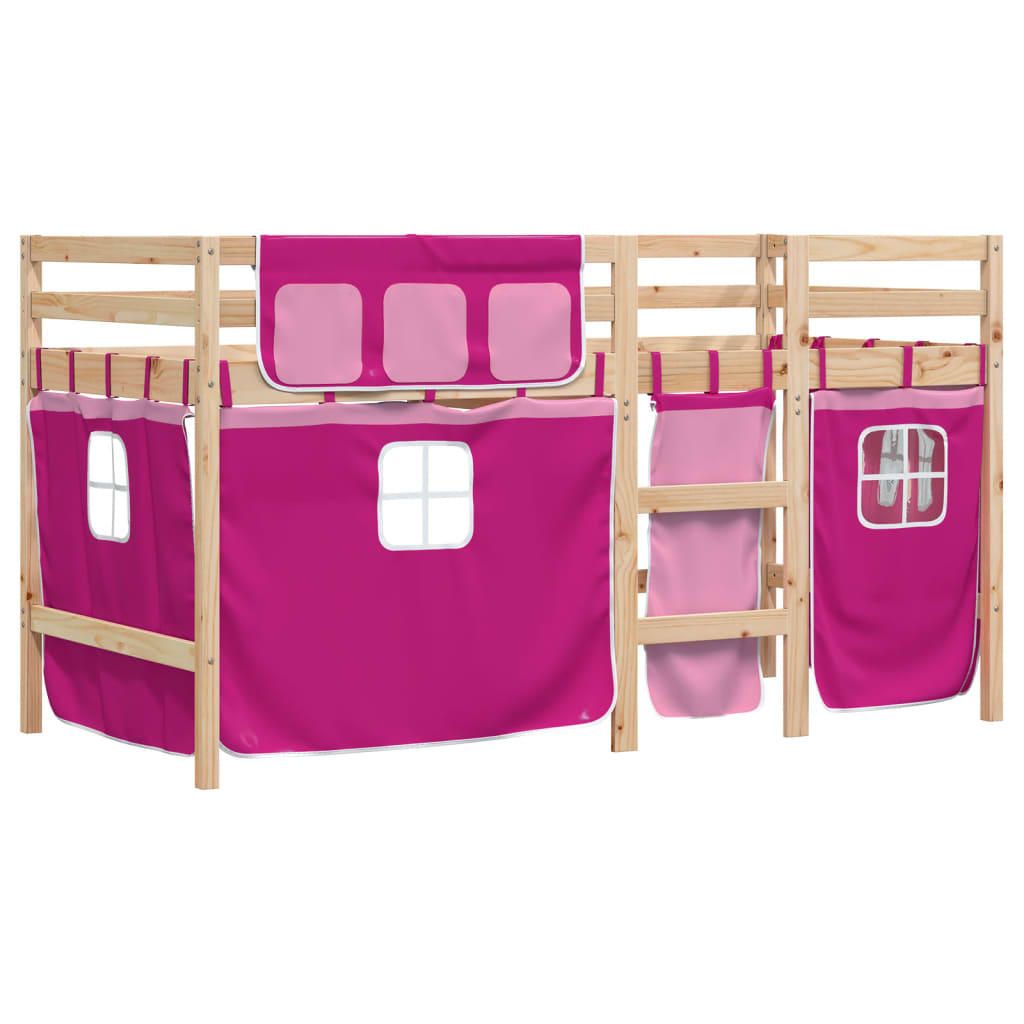 Letto a Soppalco con Tende Bambini Rosa 80x200 cm Massello Pino