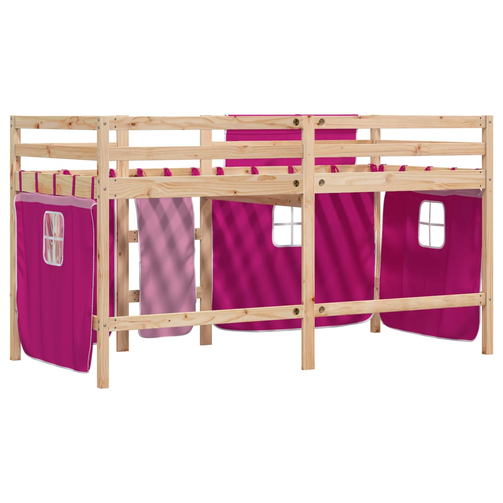 Letto a Soppalco con Tende Bambini Rosa 80x200 cm Massello Pino