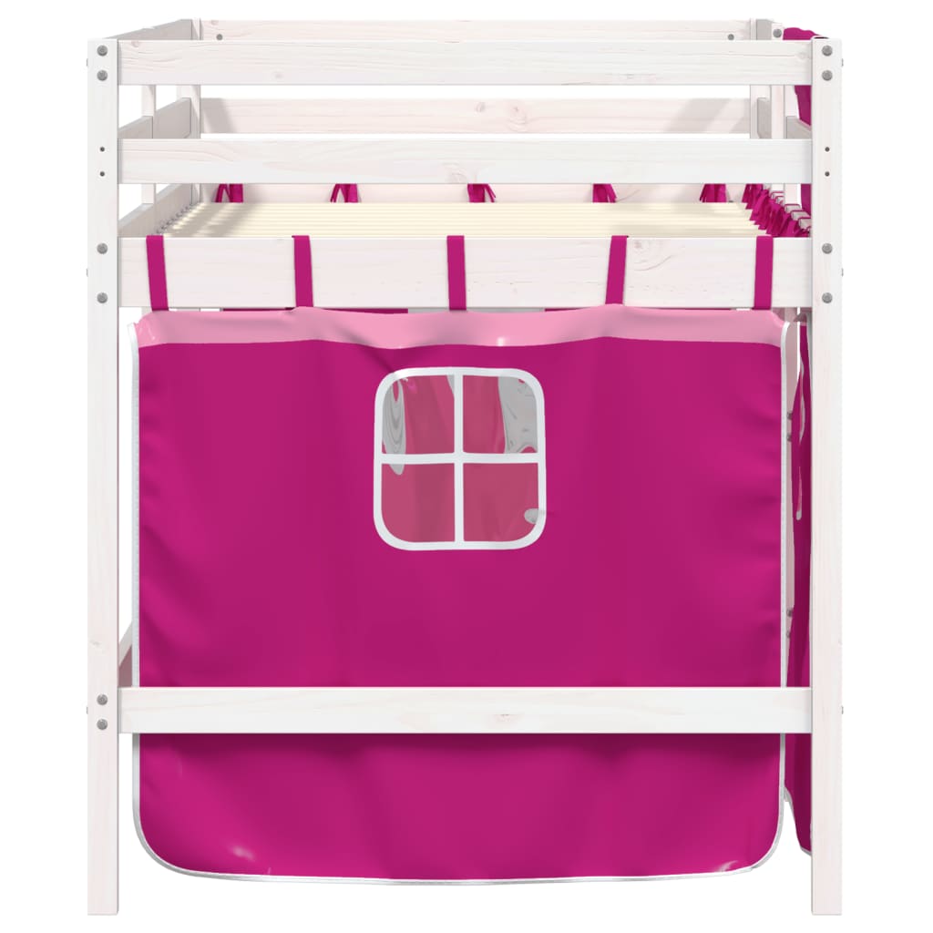 Letto a Soppalco con Tende Bambini Rosa 80x200 cm Massello Pino