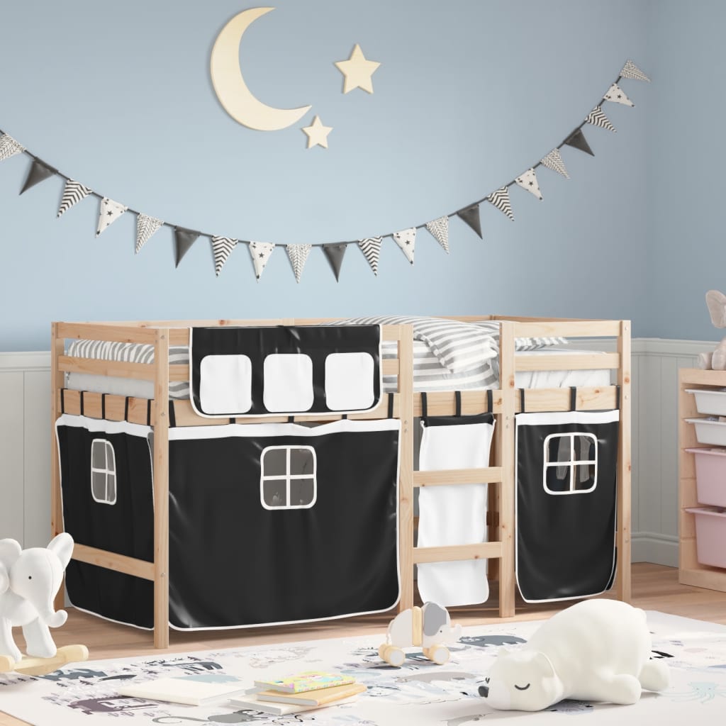 Letto a Soppalco con Tende Bambini Bianco e Nero 90x200 cm Pino