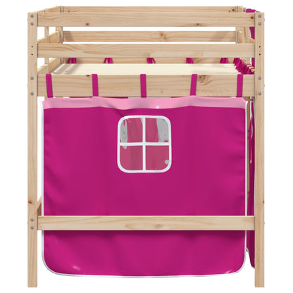 Letto a Soppalco con Tende Bambini Rosa 90x200 cm Massello Pino