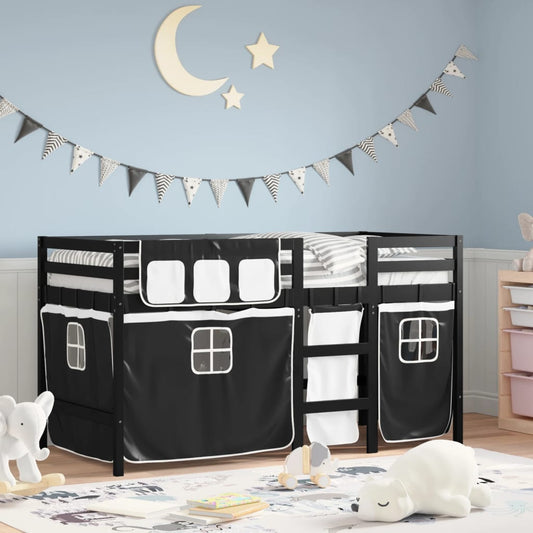 Letto a Soppalco con Tende Bambini Bianco e Nero 90x200 cm Pino