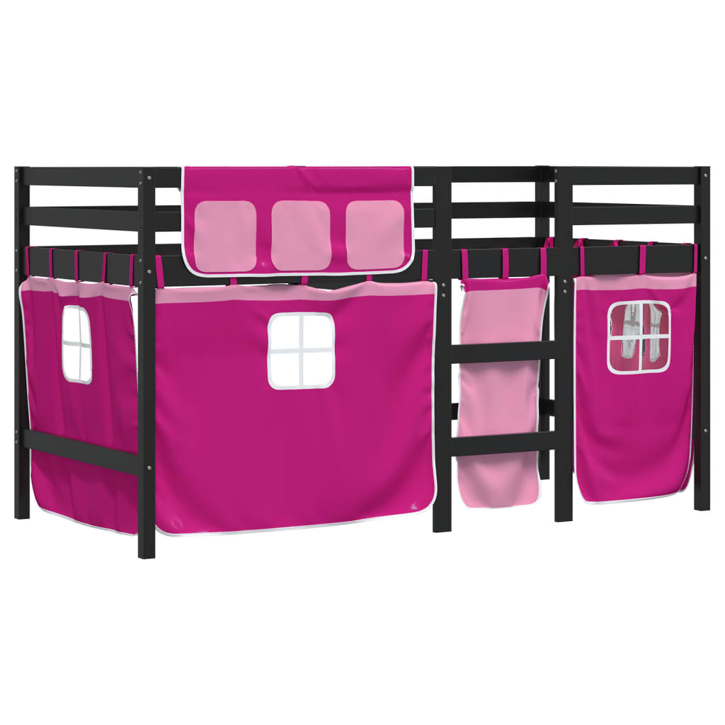 Letto a Soppalco con Tende Bambini Rosa 90x200 cm Massello Pino