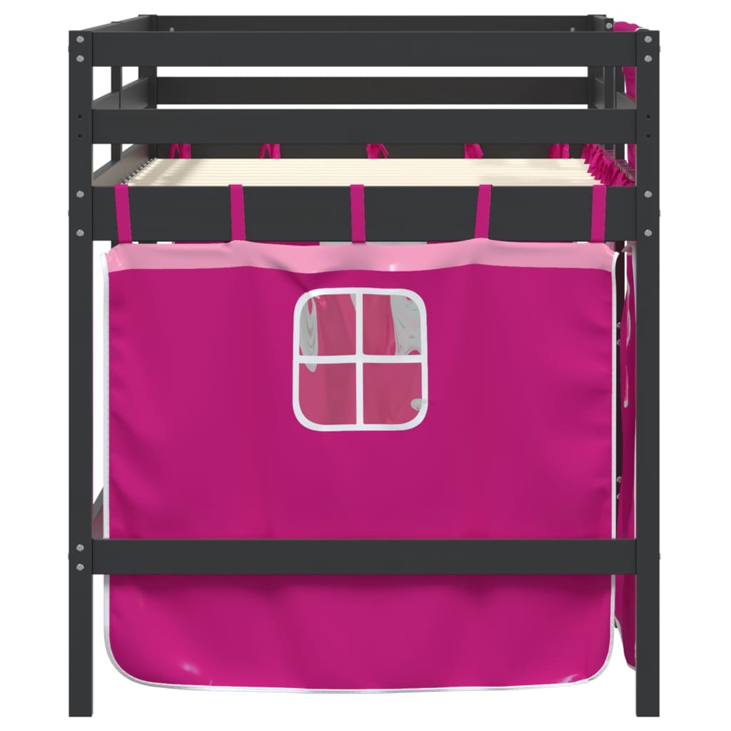 Letto a Soppalco con Tende Bambini Rosa 90x200 cm Massello Pino