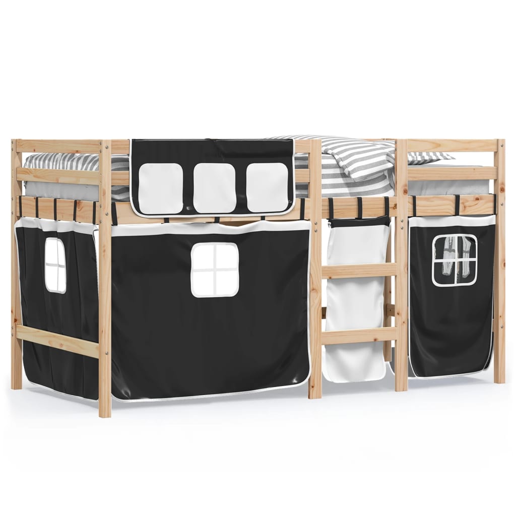 Children's Loft Bed with Black and White Curtains 90x190 cm Pine