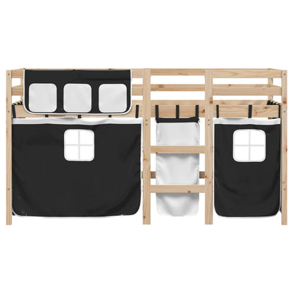 Children's Loft Bed with Black and White Curtains 90x190 cm Pine