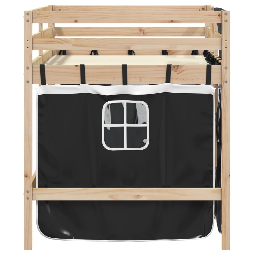 Children's Loft Bed with Black and White Curtains 90x190 cm Pine