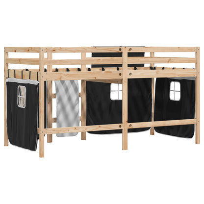 Children's Loft Bed with Black and White Curtains 90x190 cm Pine