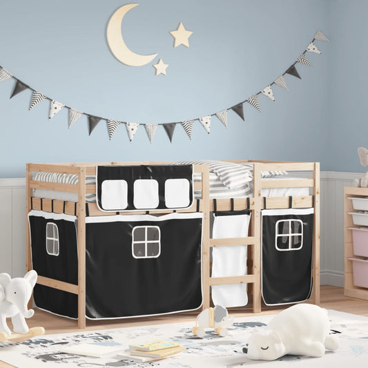 Children's Loft Bed with Black and White Curtains 90x190 cm Pine