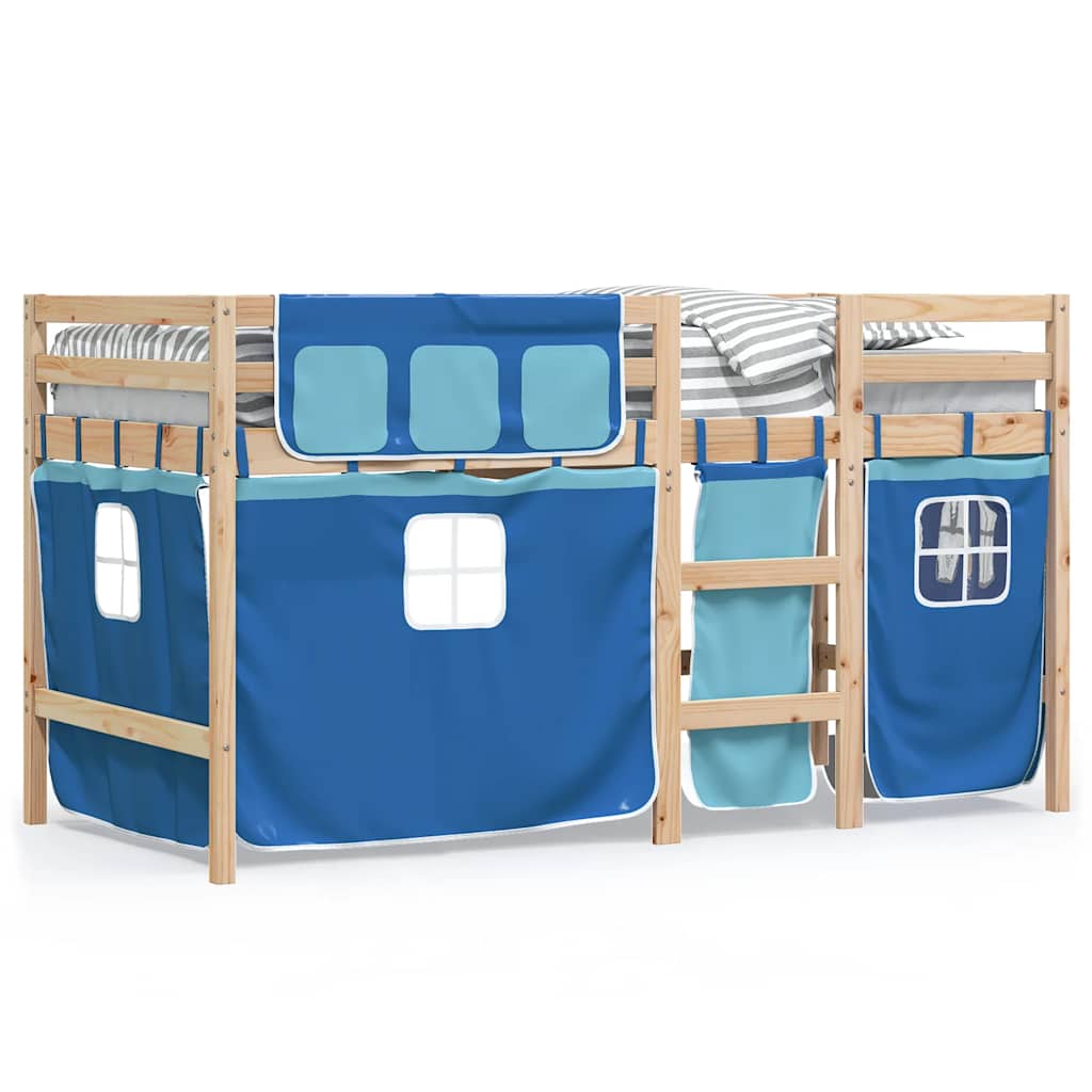 Letto a Soppalco Bambini con Tende Blu 90x190 cm Massello Pino