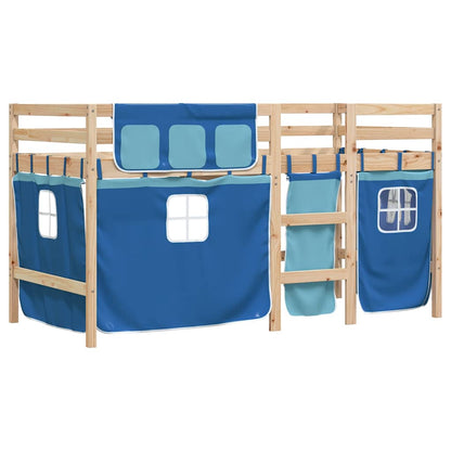 Letto a Soppalco Bambini con Tende Blu 90x190 cm Massello Pino