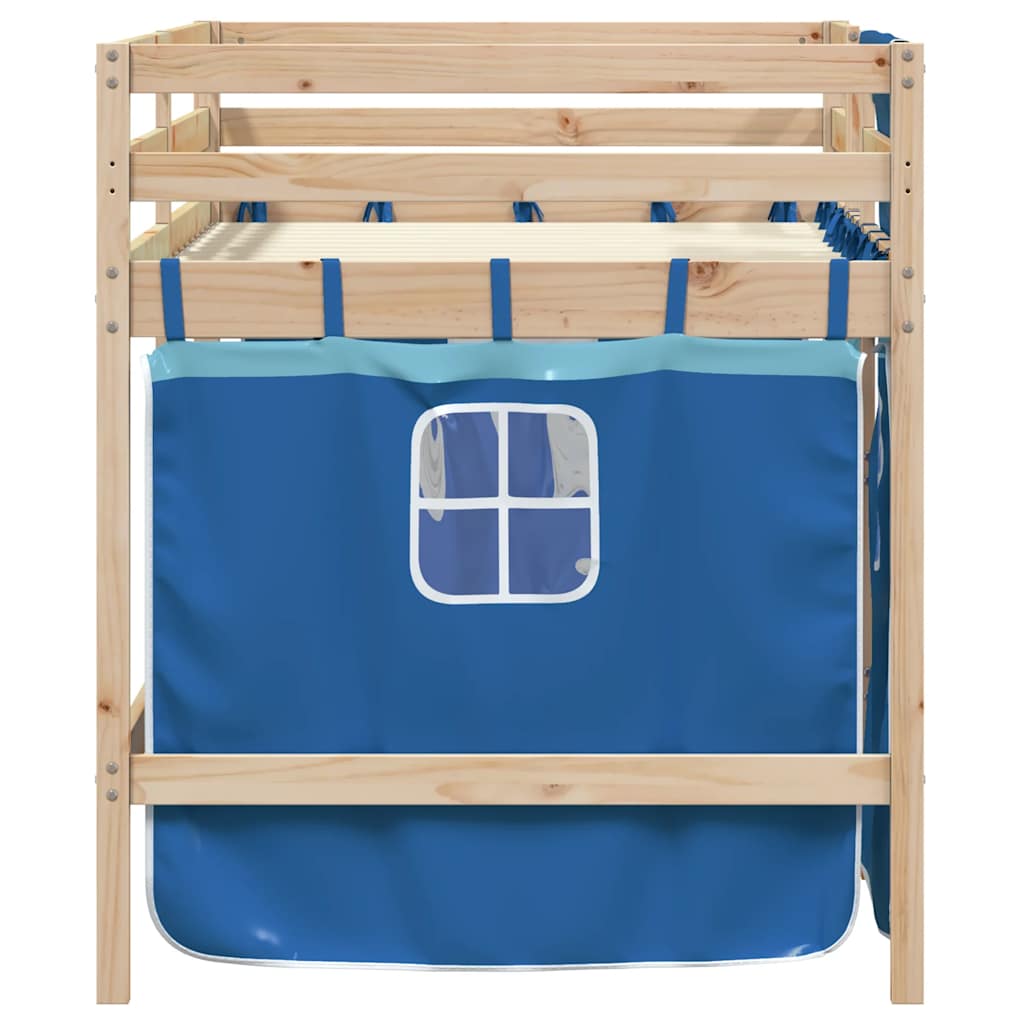 Letto a Soppalco Bambini con Tende Blu 90x190 cm Massello Pino