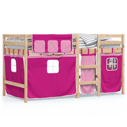 Letto a Soppalco con Tende Bambini Rosa 90x190 cm Massello Pino