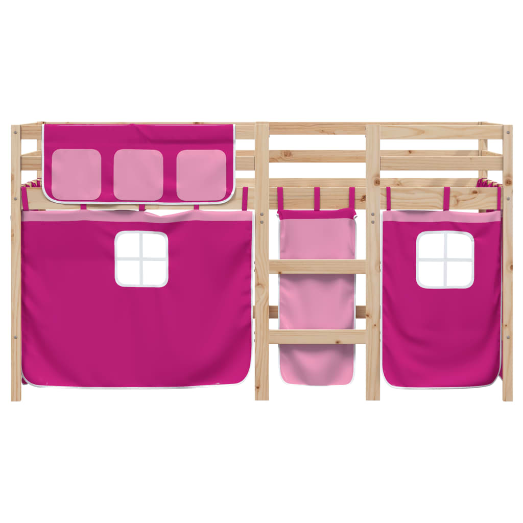 Letto a Soppalco con Tende Bambini Rosa 90x190 cm Massello Pino