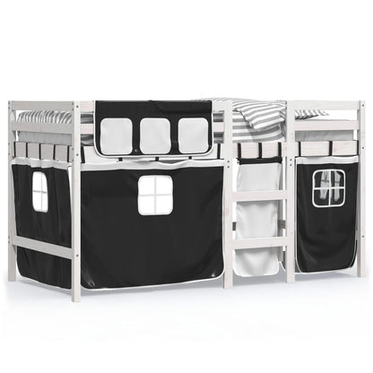 Letto a Soppalco Bambini con Tende Bianco e Nero 90x190 cm Pino