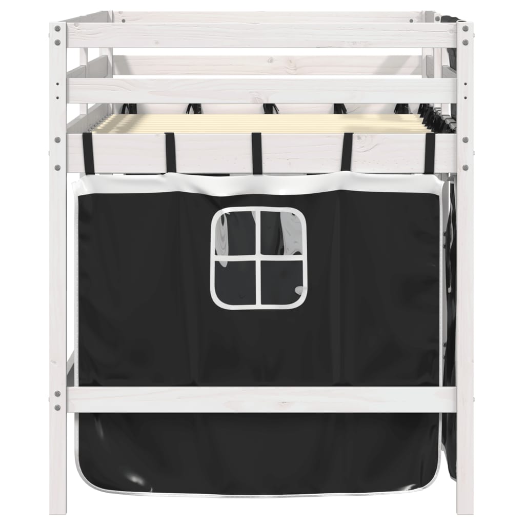 Letto a Soppalco Bambini con Tende Bianco e Nero 90x190 cm Pino