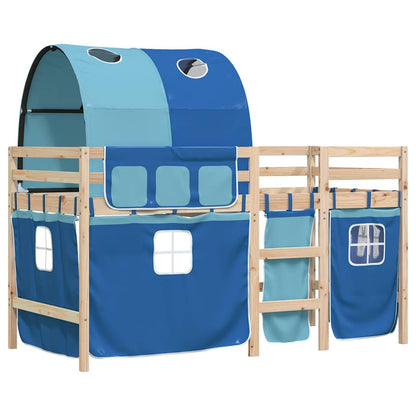 Letto a Soppalco con Tunnel Bambini Blu 90x190cm Massello Pino