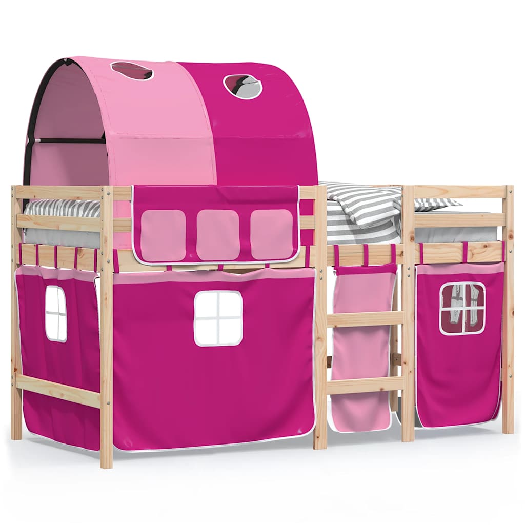 Letto a Soppalco con Tunnel Bambini Rosa 90x190cm Massello Pino