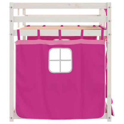 Letto a Castello con Tende Rosa 75x190 cm Legno Massello Pino