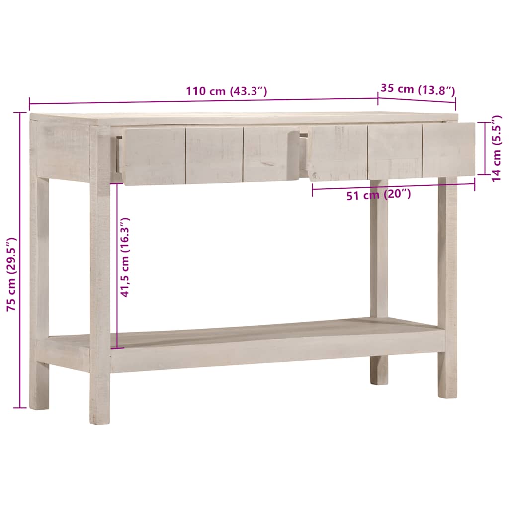 Tavolo Consolle Bianco 110x35x75cm Legno Massello di Mango
