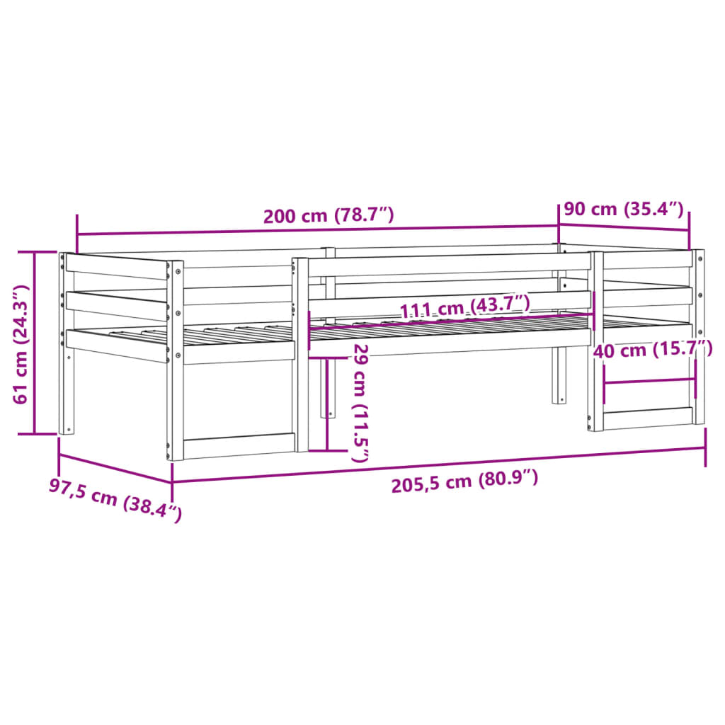 Giroletto per Bambini Bianco 90x200cm in Legno Massello di Pino