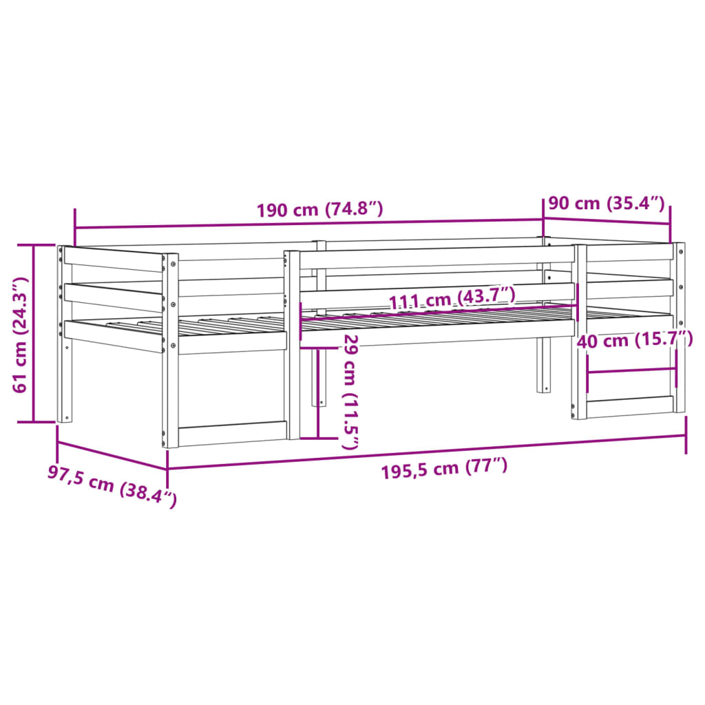 Giroletto per Bambini Marrone Cera 90x190cm Legno Massello Pino