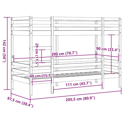 Letto a Castello Marrone Cera 90x200 cm in Legno di Pino