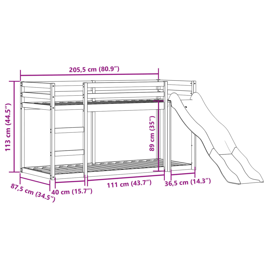 Letto a Castello Scivolo e Scala 80x200 cm Legno Massello Pino