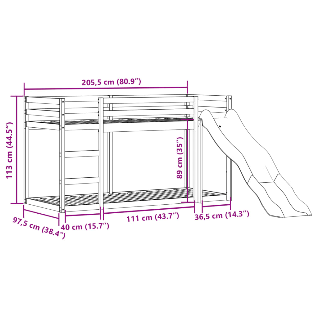 Letto a Castello Scivolo e Scala 90x200 cm Legno Massello Pino