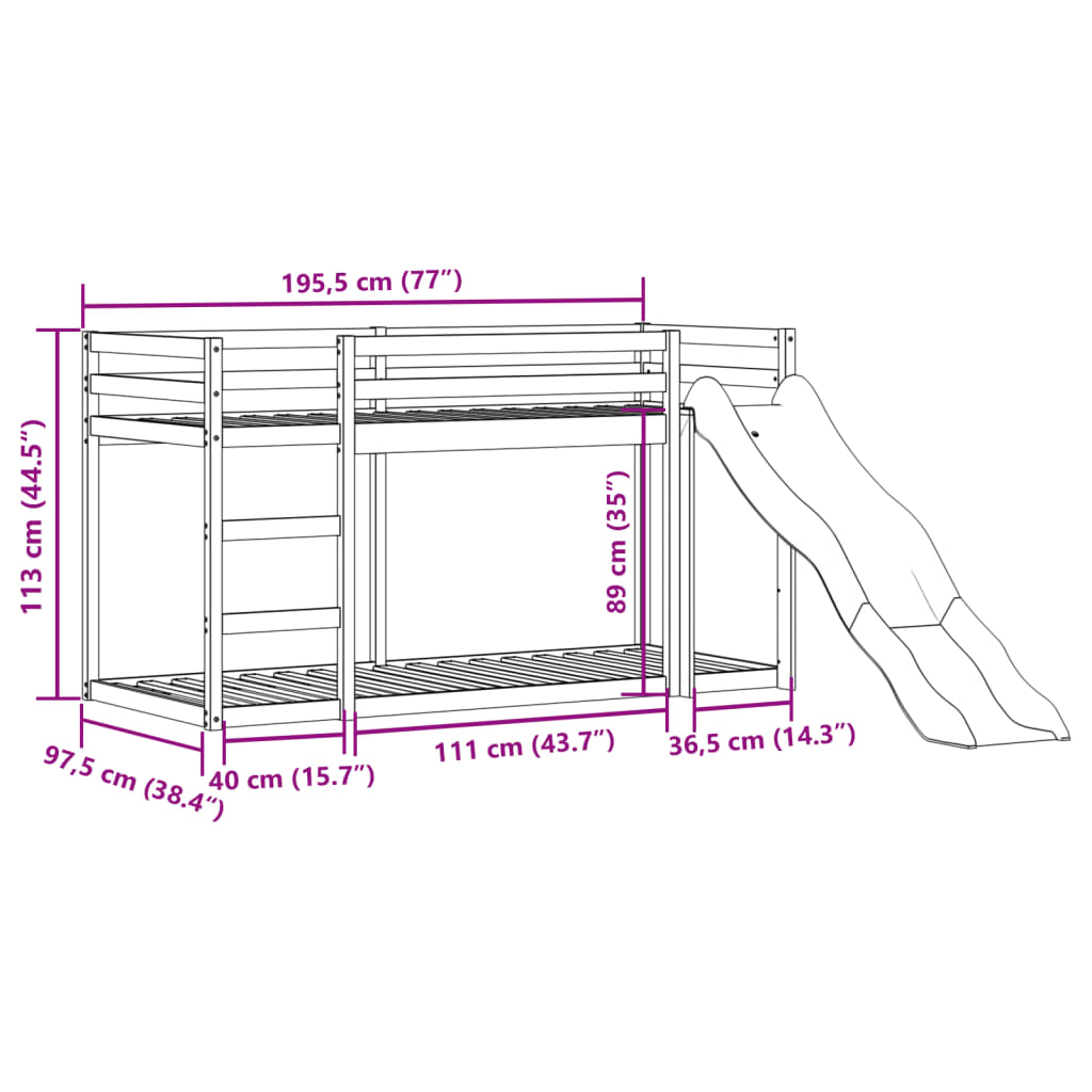 Letto a Castello Scivolo e Scala 90x190 cm Legno Massello Pino