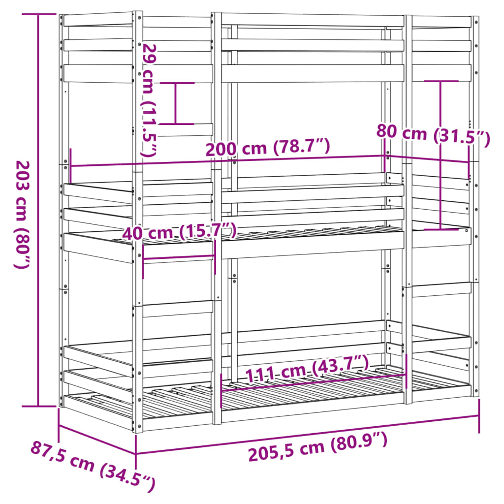 Letto Castello Triplo Marrone Cera 80x200cm Legno Massello Pino