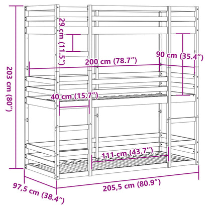 Letto a Castello Triplo Bianco 90x200 cm Legno Massello di Pino