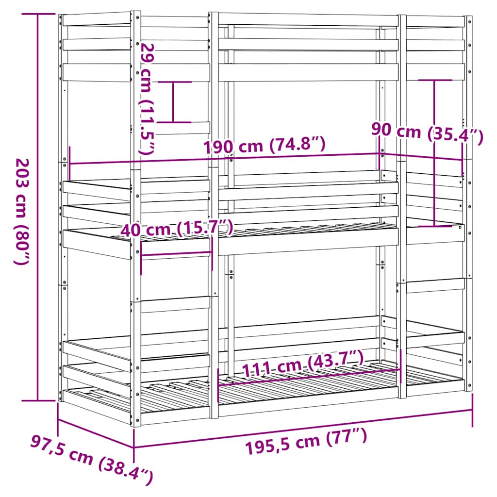 Letto Castello Triplo Marrone Cera 90x190cm Legno Massello Pino