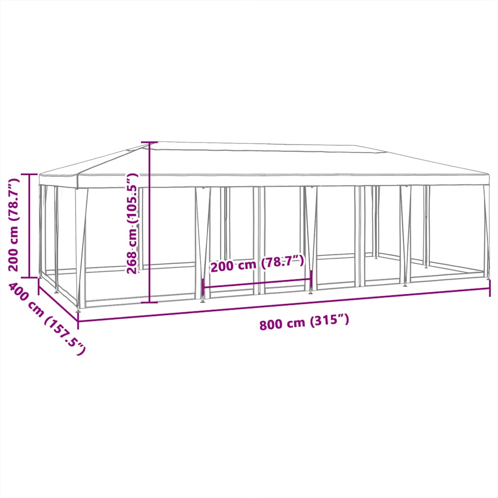 Tenda per Feste con 12 Pareti Laterali in Rete Rossa 8x4 m HDPE