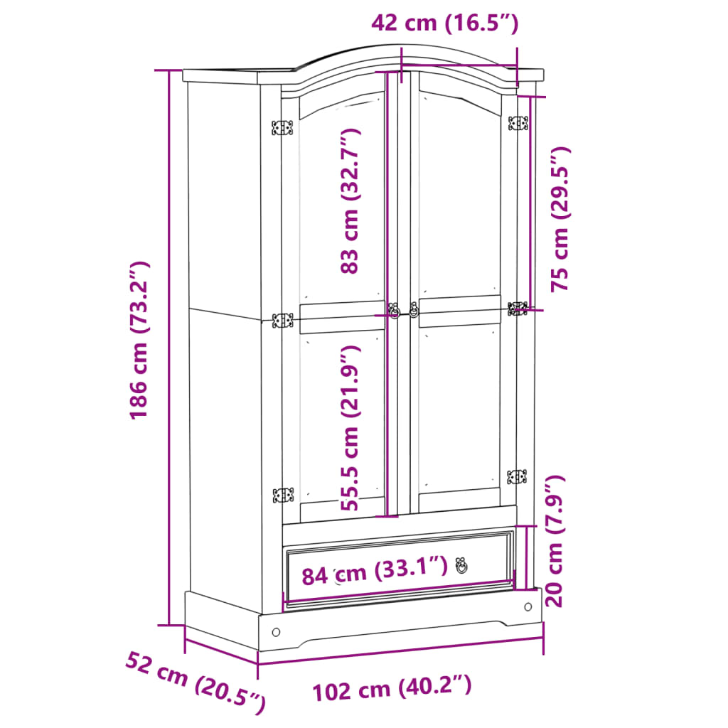 Armadio Corona Bianco 102x52x186 cm in Legno Massello di Pino