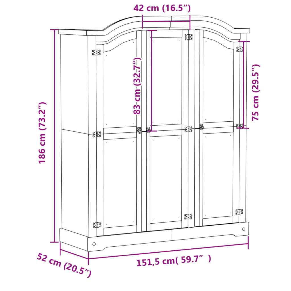 Corona wardrobe 151.5x52x186 cm in solid pine wood