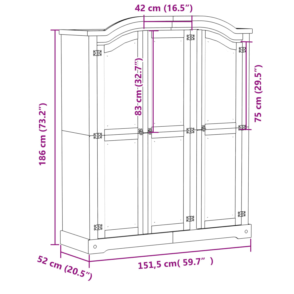 Corona White Wardrobe 151.5x52x186 cm in Solid Pine Wood