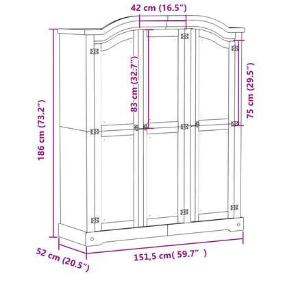 Corona White Wardrobe 151.5x52x186 cm in Solid Pine Wood