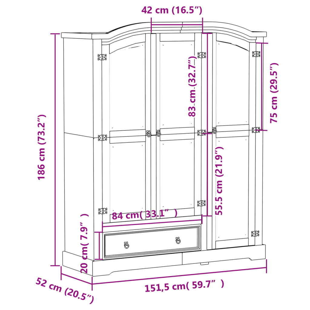 Armadio Corona 151,5x52x186 cm in Legno Massello di Pino