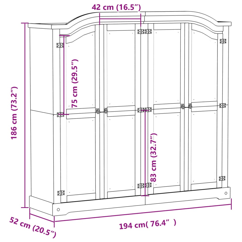 Armadio Corona 194x52x186 cm in Legno Massello di Pino