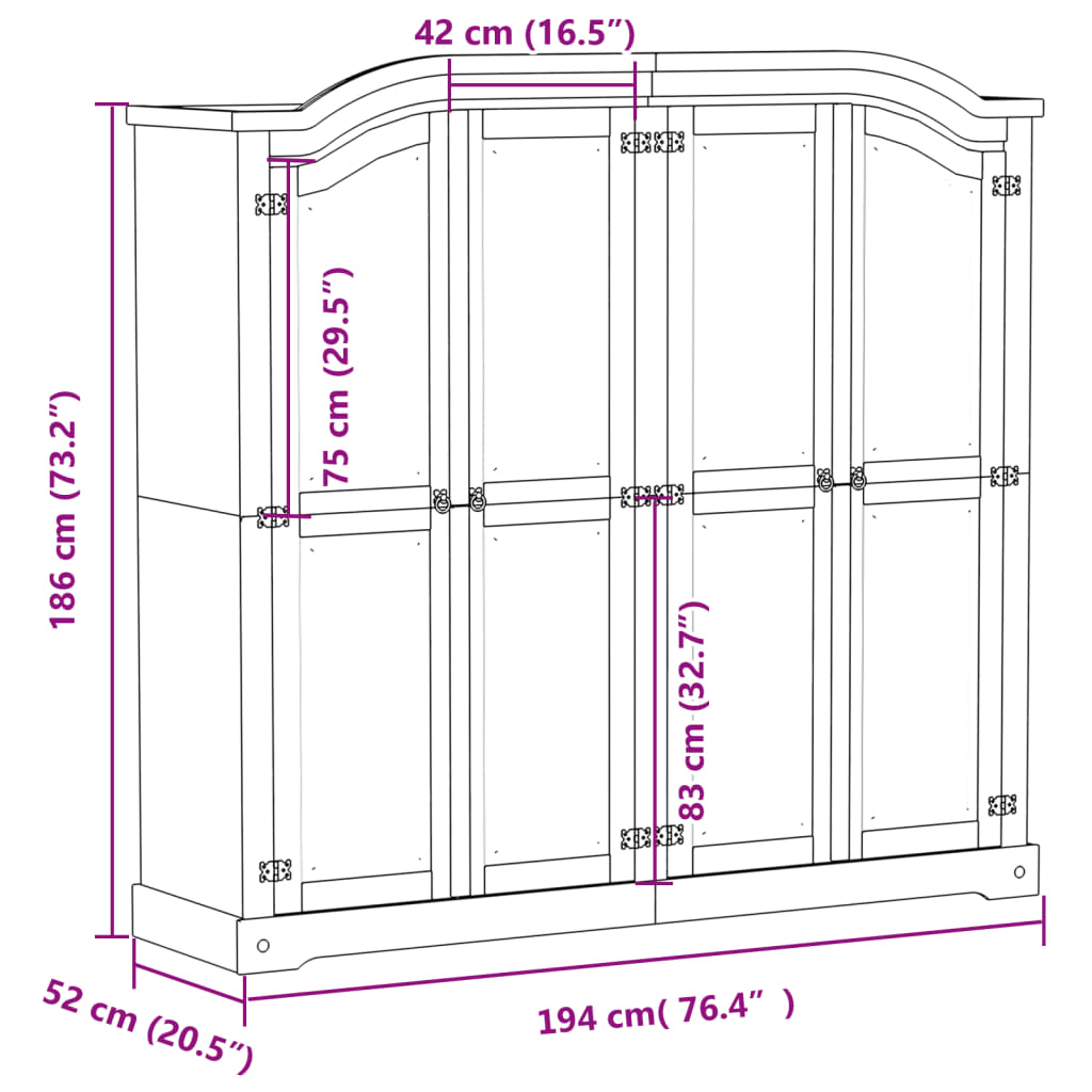 Armadio Corona Bianco 194x52x186 cm in Legno Massello di Pino