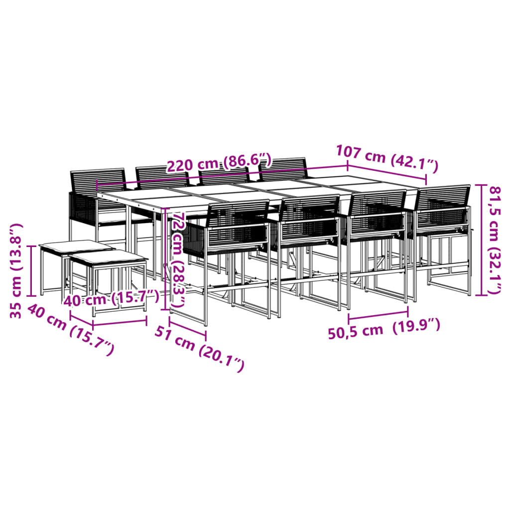 Set da Pranzo da Giardino 13pz con Cuscini Nero in Polyrattan