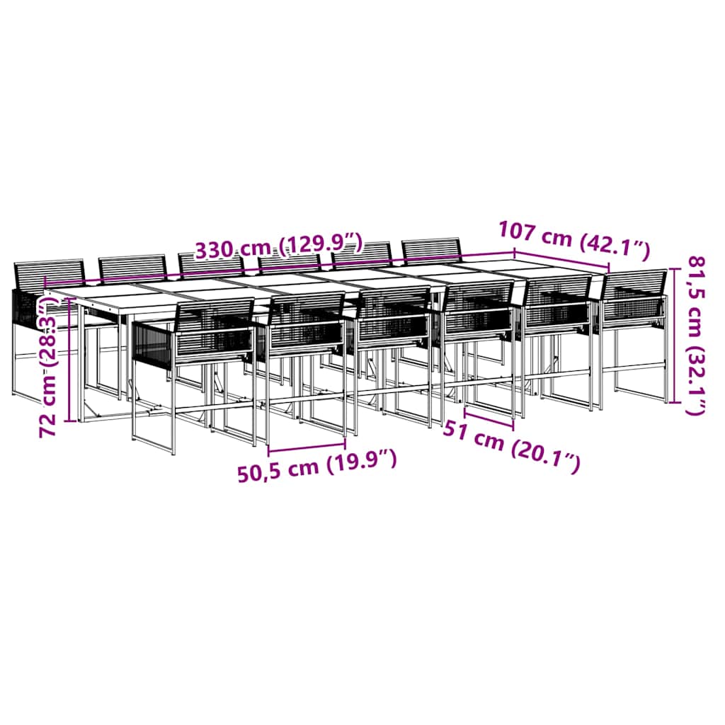 Set da Pranzo da Giardino 13pz con Cuscini Nero in Polyrattan