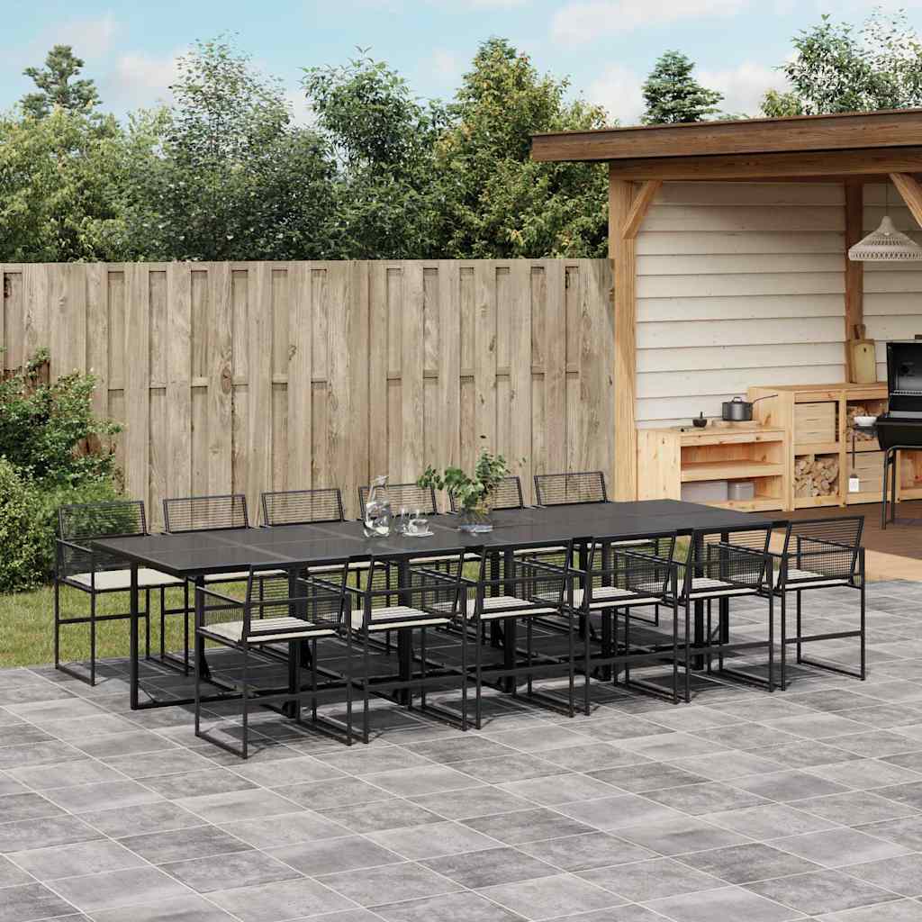 Set da Pranzo da Giardino 13pz con Cuscini Nero in Polyrattan