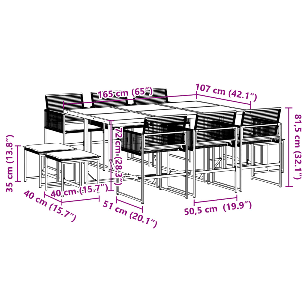 Set da Pranzo da Giardino 11 pz con Cuscini in Polyrattan Nero
