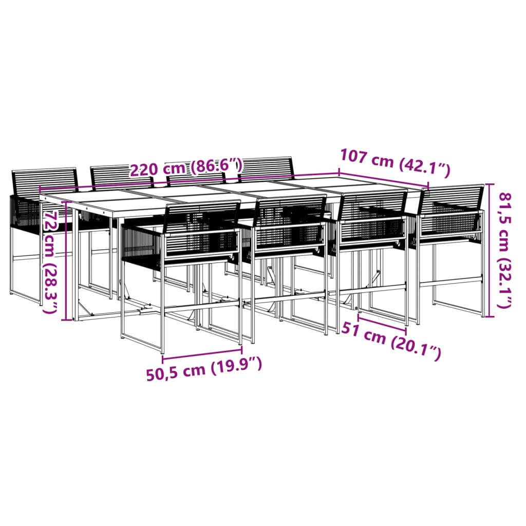 Set da Pranzo da Giardino 9 pz Nero in Polyrattan