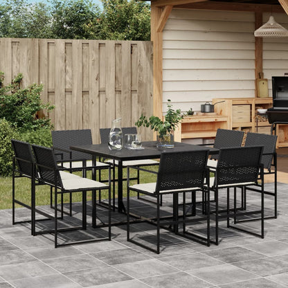 Set da Pranzo da Giardino 9 pz con Cuscini Nero in Polyrattan